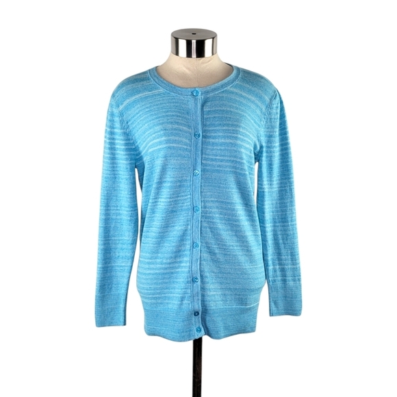 Merona Women's Size M Blue Striped 3/4 Sleeve Button-Up Cardigan Sweater - Picture 1 of 9